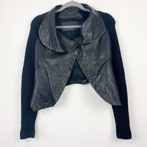 YIGAL AZROUEL NEW YORK Designer Genuine Leather Jacket w/ Wool Sleeves Quilted 2